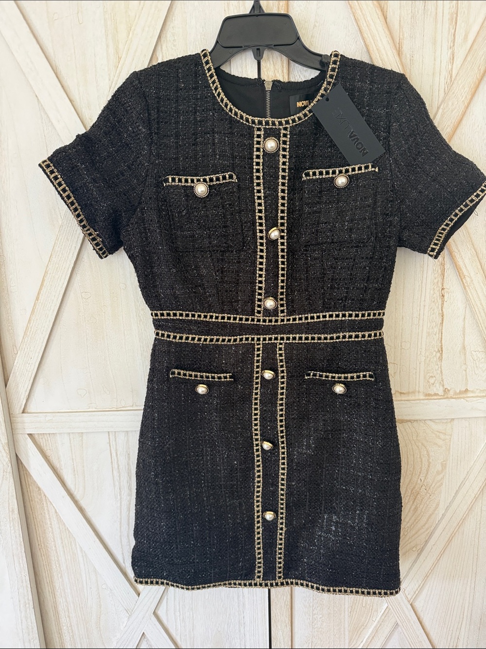 nOir Jewelry Black Tweed Short Sleeve Dress with Gold Trim